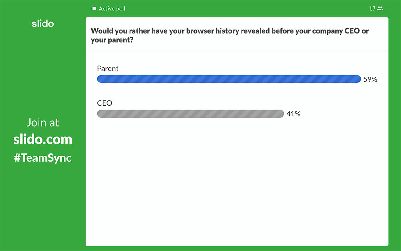 screenshot of slido multiple choice poll depicting a would you rather poll question