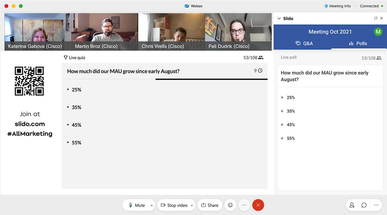 screenshot of a Webex Meetings interface with Slido Quizzes being used during an end of year meeting