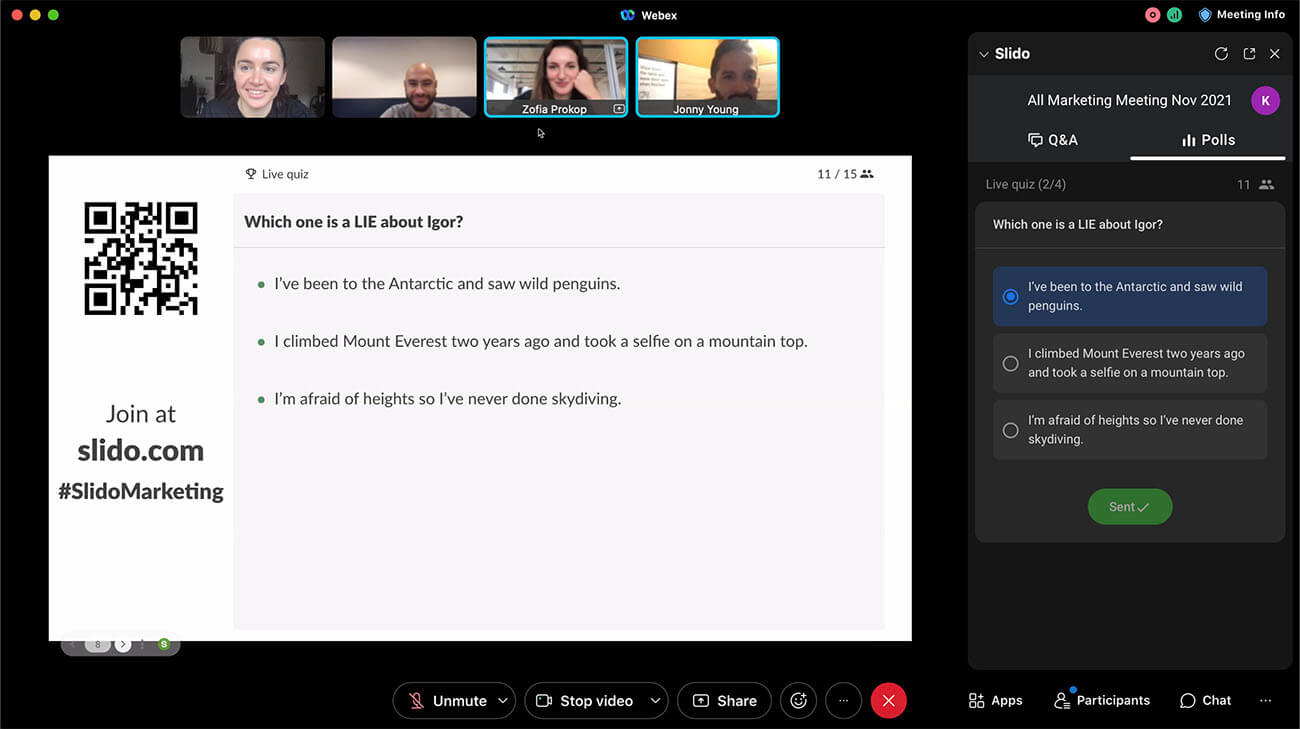 a screenshot from a Webex meeting while using Slido quizzes feature for a team building activity