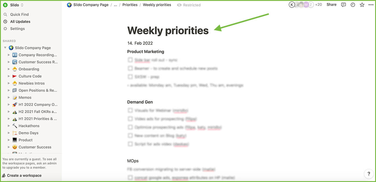 a screenshot of a Slido Notion board with a list of weekly priorities